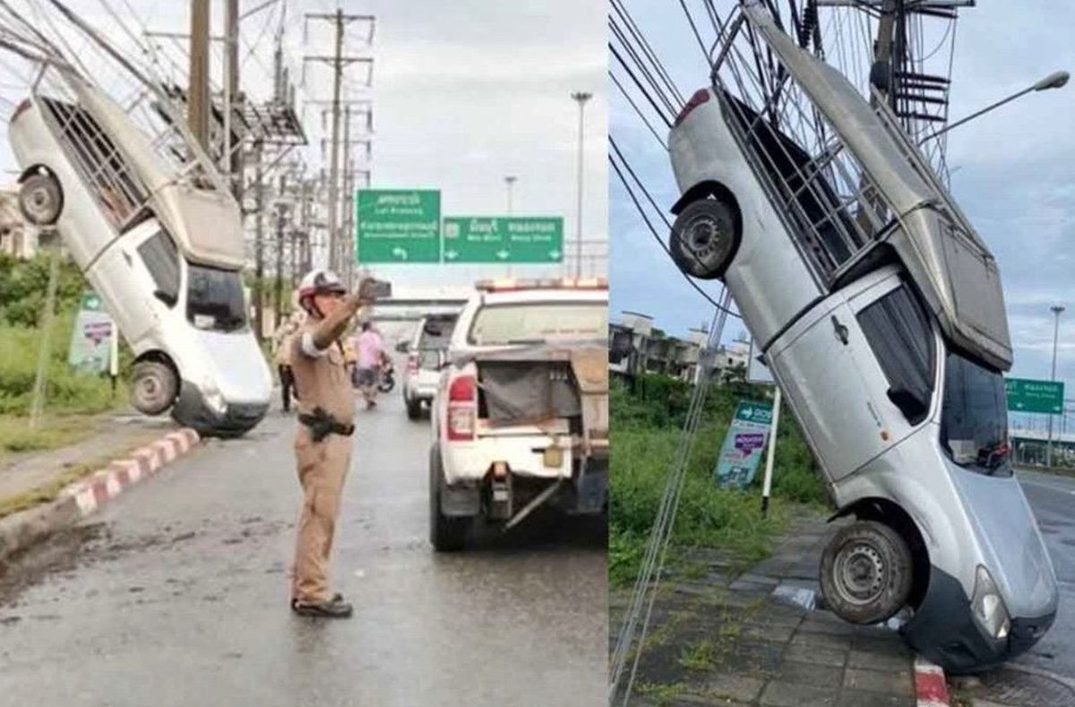 Wie im Film: Pickup landet auf Stromleitungen in Bangkok