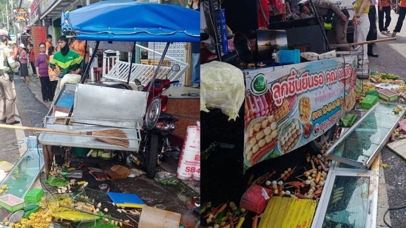 Beschädigtes Seitenwagen-Motorrad eines Fleischbällchen-Verkäufers in Karon